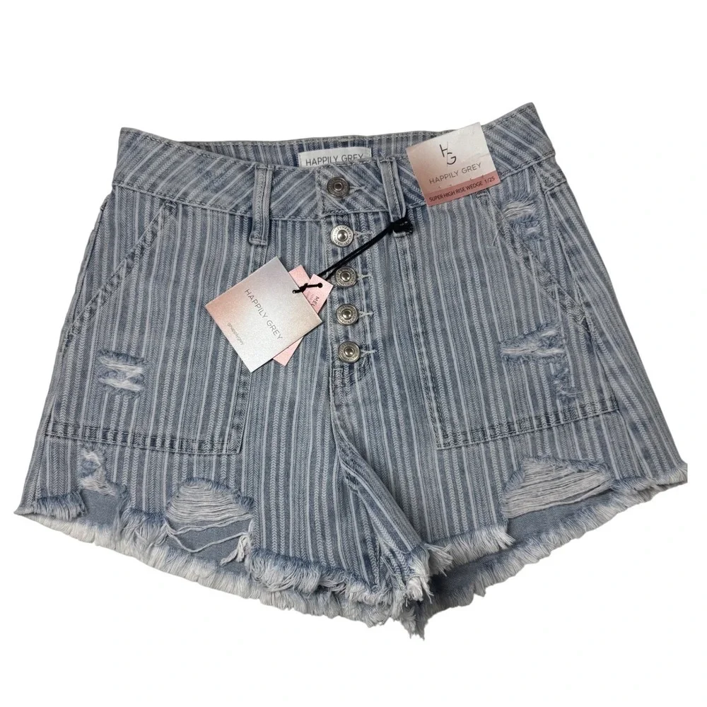 Happily Grey Super High Rise Wedge Striped Distressed Denim Shorts Blue White 25 - Picture 10 of 11